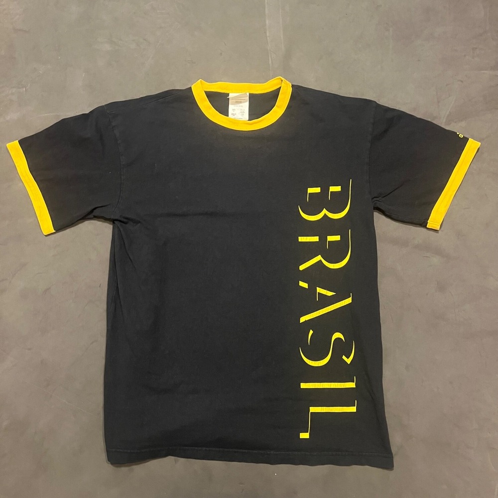 VTG Adidas‎ Brasil Independence Men's XL Ringer T-Shirt Black Y2K Tee Brazil